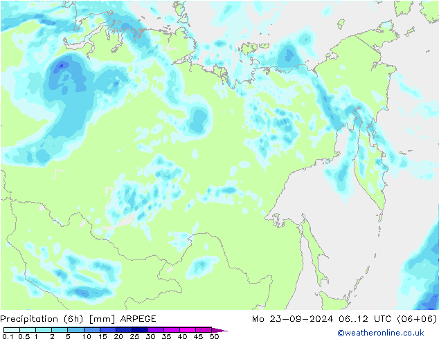 Précipitation (6h) ARPEGE lun 23.09.2024 12 UTC