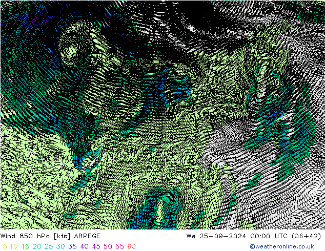 ветер 850 гПа ARPEGE ср 25.09.2024 00 UTC