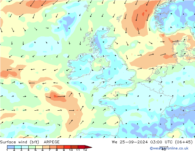 Surface wind (bft) ARPEGE We 25.09.2024 03 UTC