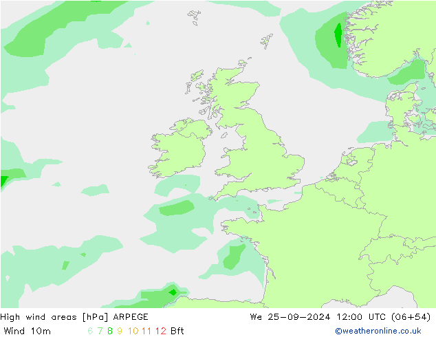 High wind areas ARPEGE We 25.09.2024 12 UTC