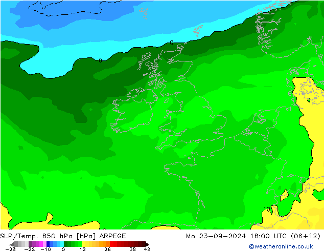 SLP/Temp. 850 hPa ARPEGE Mo 23.09.2024 18 UTC