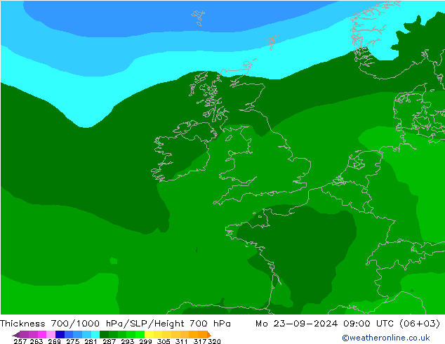 Thck 700-1000 hPa ARPEGE Mo 23.09.2024 09 UTC