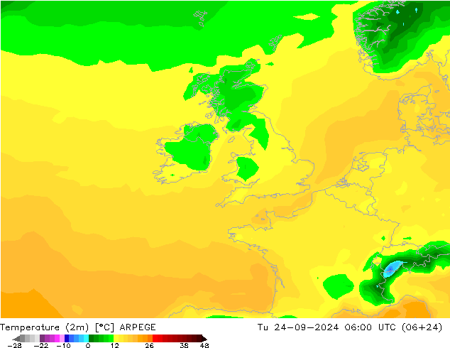 Temperaturkarte (2m) ARPEGE Di 24.09.2024 06 UTC