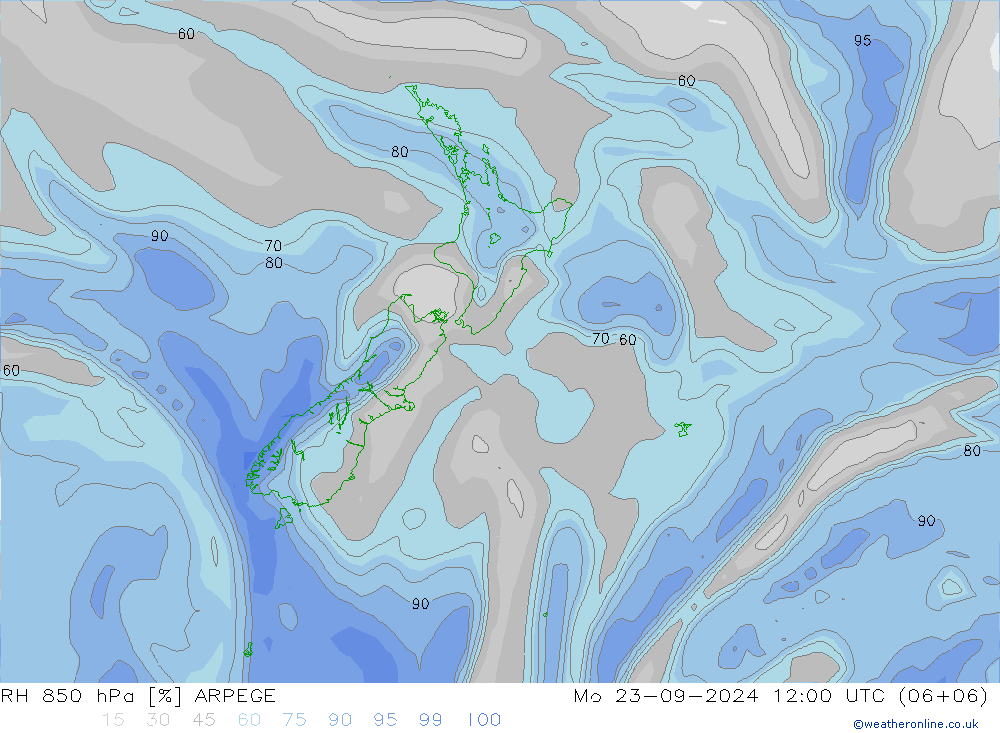 RH 850 hPa ARPEGE Mo 23.09.2024 12 UTC