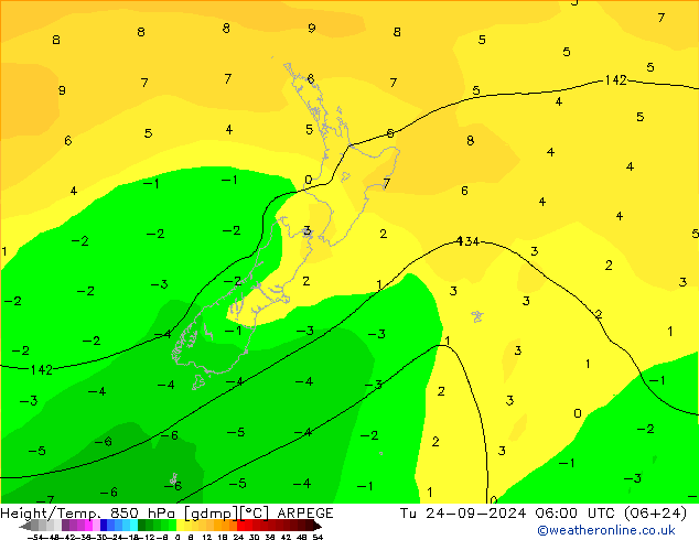 Height/Temp. 850 hPa ARPEGE Tu 24.09.2024 06 UTC