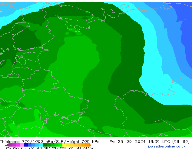 Thck 700-1000 hPa ARPEGE We 25.09.2024 18 UTC