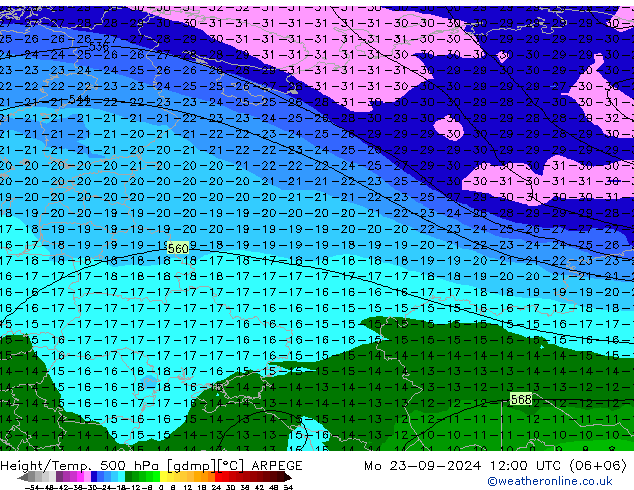 Hoogte/Temp. 500 hPa ARPEGE ma 23.09.2024 12 UTC