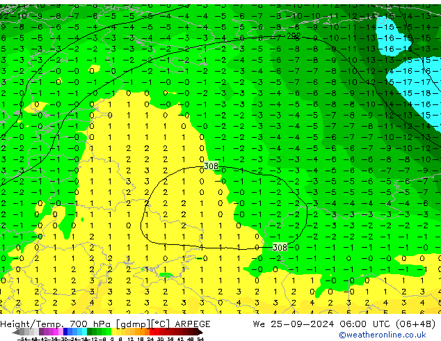 Yükseklik/Sıc. 700 hPa ARPEGE Çar 25.09.2024 06 UTC