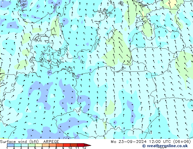 Surface wind (bft) ARPEGE Mo 23.09.2024 12 UTC