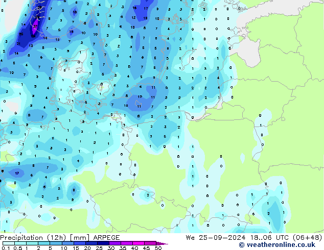 Yağış (12h) ARPEGE Çar 25.09.2024 06 UTC