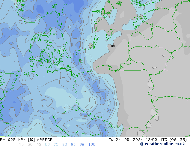 RH 925 hPa ARPEGE mar 24.09.2024 18 UTC