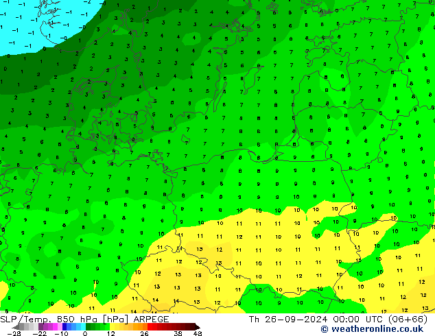 SLP/Temp. 850 hPa ARPEGE Qui 26.09.2024 00 UTC