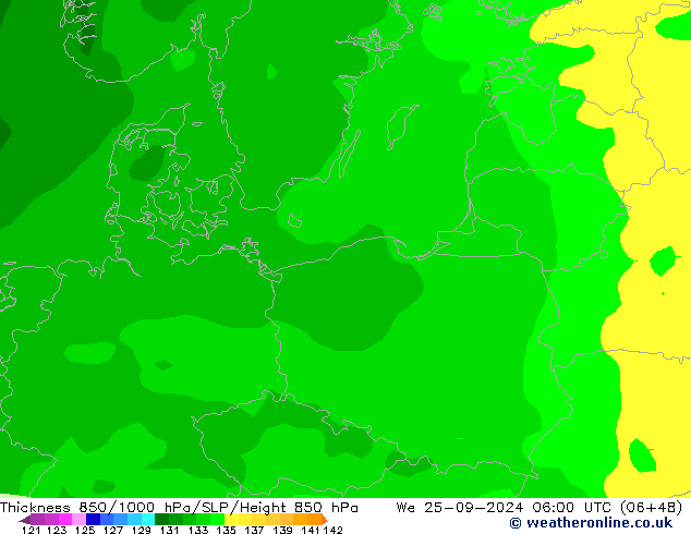 Dikte 850-1000 hPa ARPEGE wo 25.09.2024 06 UTC