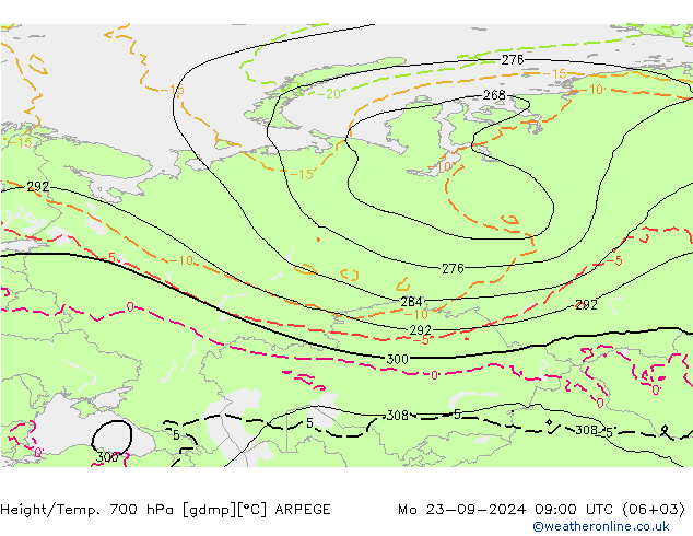 Height/Temp. 700 гПа ARPEGE пн 23.09.2024 09 UTC