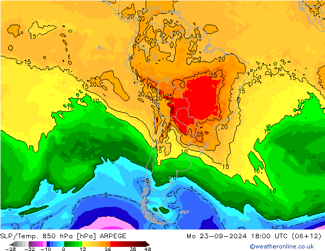 SLP/Temp. 850 hPa ARPEGE Mo 23.09.2024 18 UTC