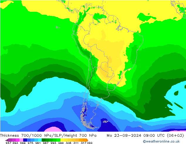 Thck 700-1000 hPa ARPEGE pon. 23.09.2024 09 UTC