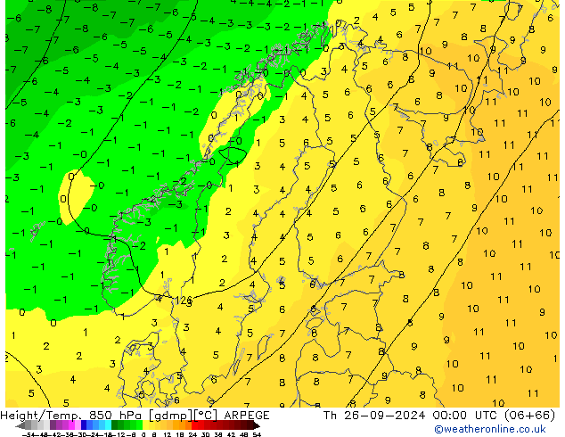 Géop./Temp. 850 hPa ARPEGE jeu 26.09.2024 00 UTC