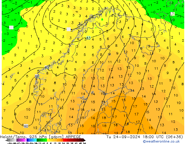 Height/Temp. 925 hPa ARPEGE Ter 24.09.2024 18 UTC