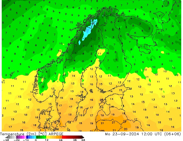 température (2m) ARPEGE lun 23.09.2024 12 UTC