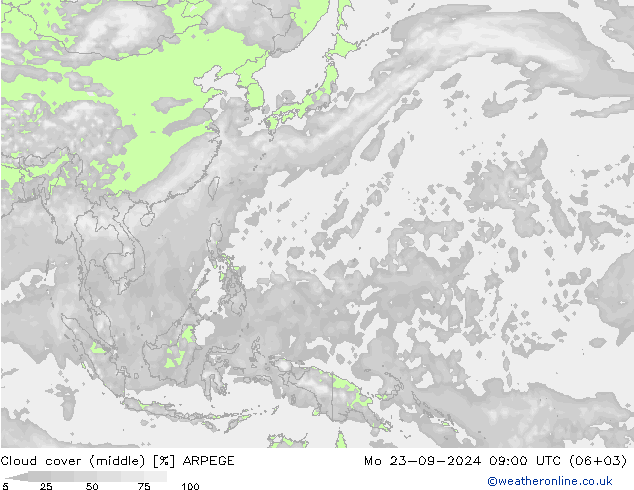 Cloud cover (middle) ARPEGE Mo 23.09.2024 09 UTC