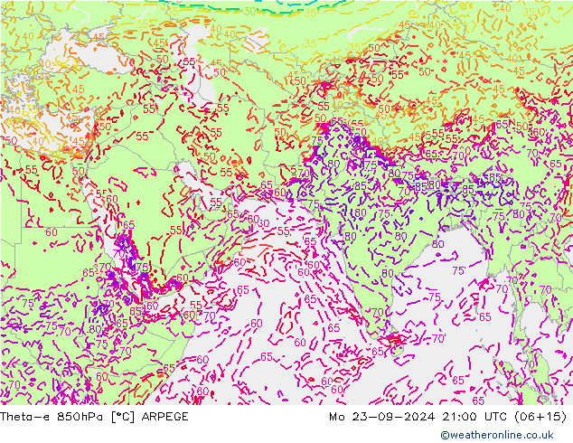 Theta-e 850hPa ARPEGE Mo 23.09.2024 21 UTC