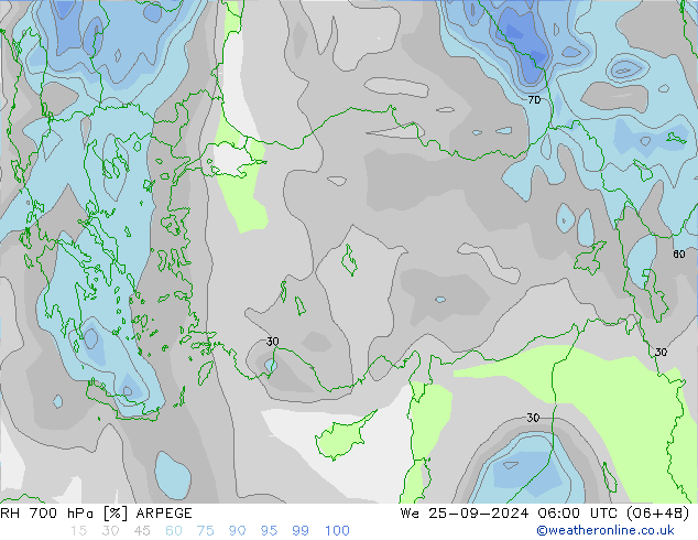 Humedad rel. 700hPa ARPEGE mié 25.09.2024 06 UTC