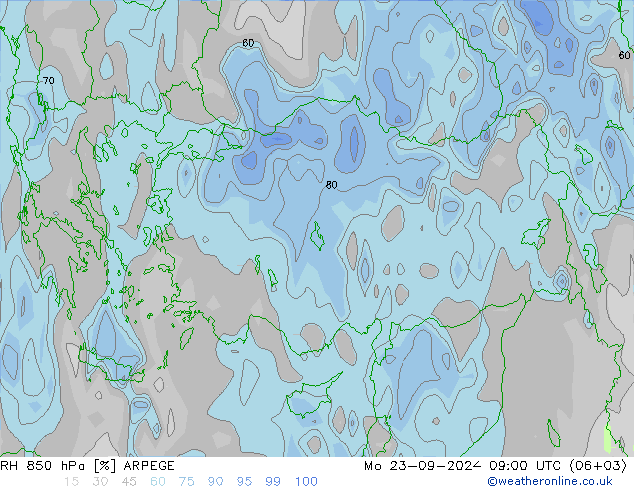 Humidité rel. 850 hPa ARPEGE lun 23.09.2024 09 UTC