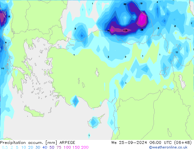 Precipitation accum. ARPEGE ср 25.09.2024 06 UTC