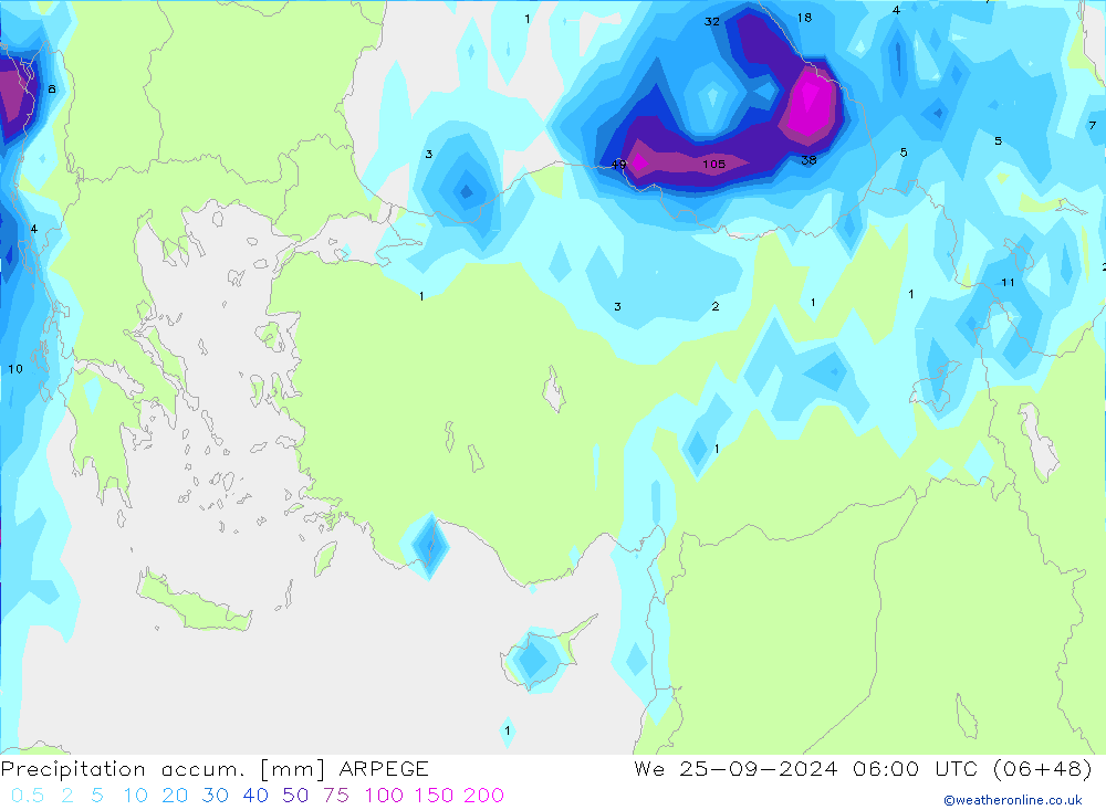 Precipitation accum. ARPEGE śro. 25.09.2024 06 UTC