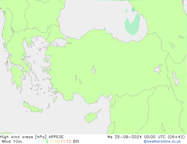 High wind areas ARPEGE ср 25.09.2024 00 UTC