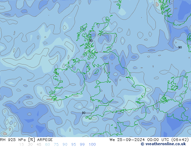 RH 925 гПа ARPEGE ср 25.09.2024 00 UTC