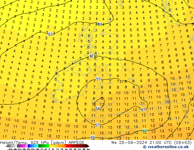 Geop./Temp. 925 hPa ARPEGE mié 25.09.2024 21 UTC