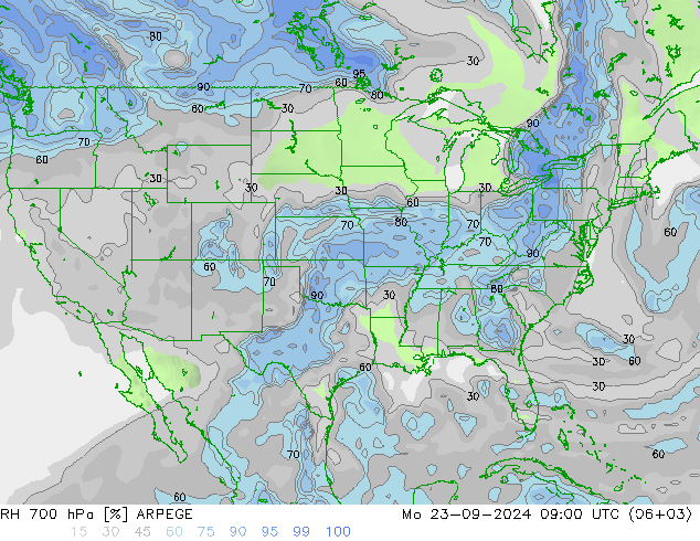 RH 700 hPa ARPEGE Mo 23.09.2024 09 UTC