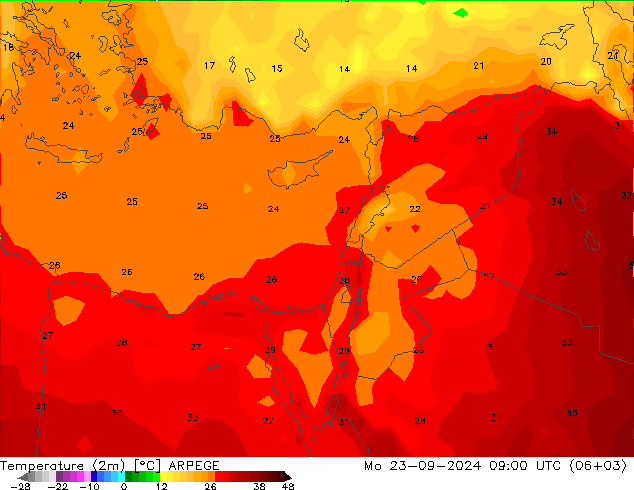 Temperatura (2m) ARPEGE lun 23.09.2024 09 UTC