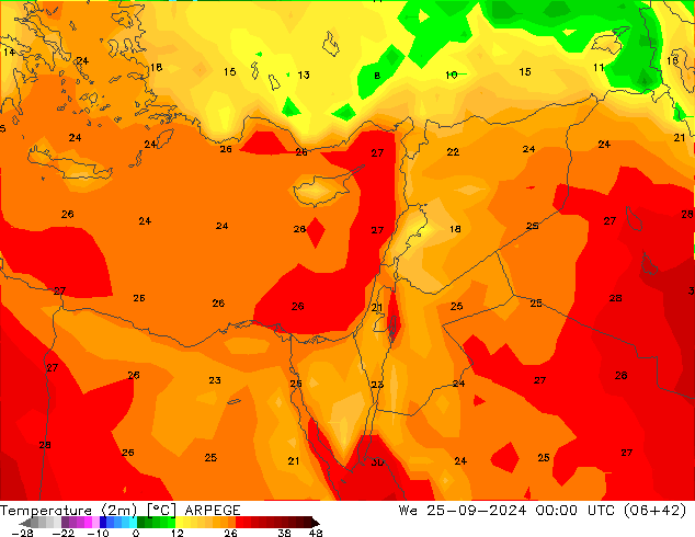 température (2m) ARPEGE mer 25.09.2024 00 UTC