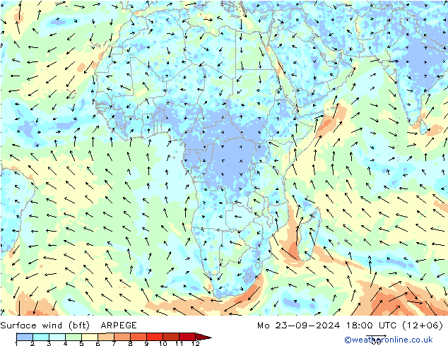 Vento 10 m (bft) ARPEGE Seg 23.09.2024 18 UTC