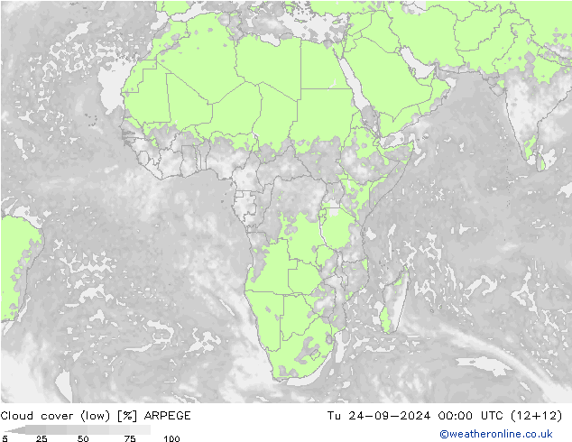 Cloud cover (low) ARPEGE Tu 24.09.2024 00 UTC