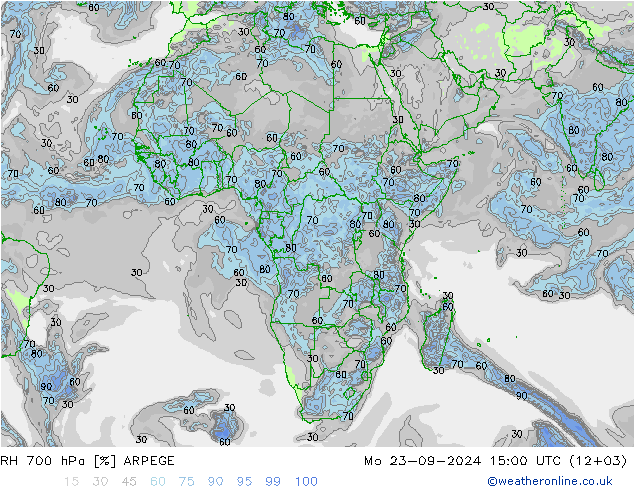 Humidité rel. 700 hPa ARPEGE lun 23.09.2024 15 UTC