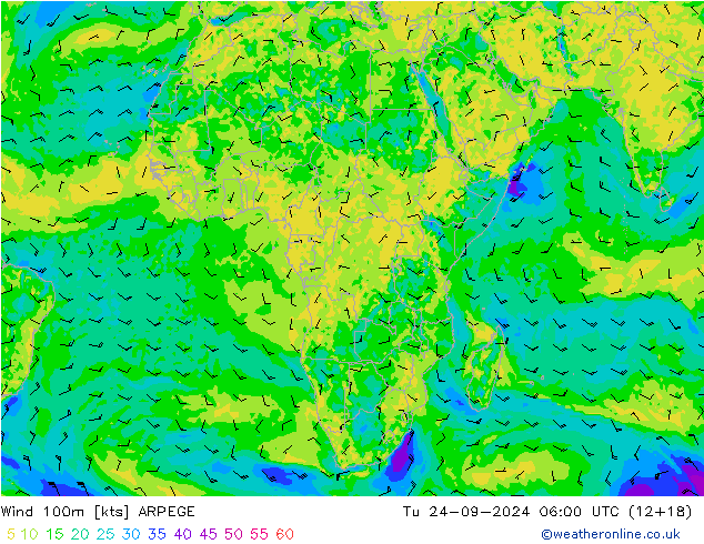 Wind 100m ARPEGE di 24.09.2024 06 UTC