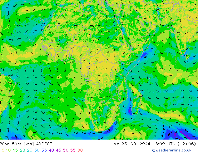 Wind 50m ARPEGE Mo 23.09.2024 18 UTC