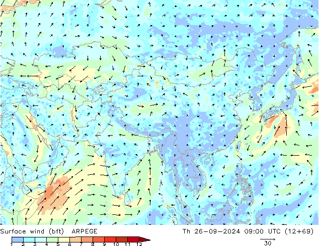 Wind 10 m (bft) ARPEGE do 26.09.2024 09 UTC