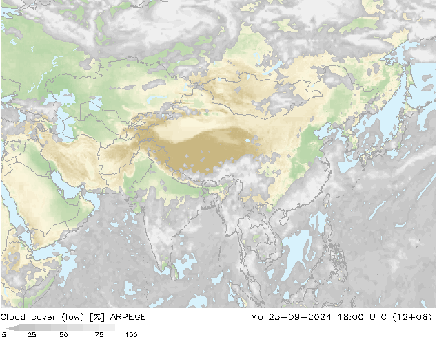 Cloud cover (low) ARPEGE Mo 23.09.2024 18 UTC