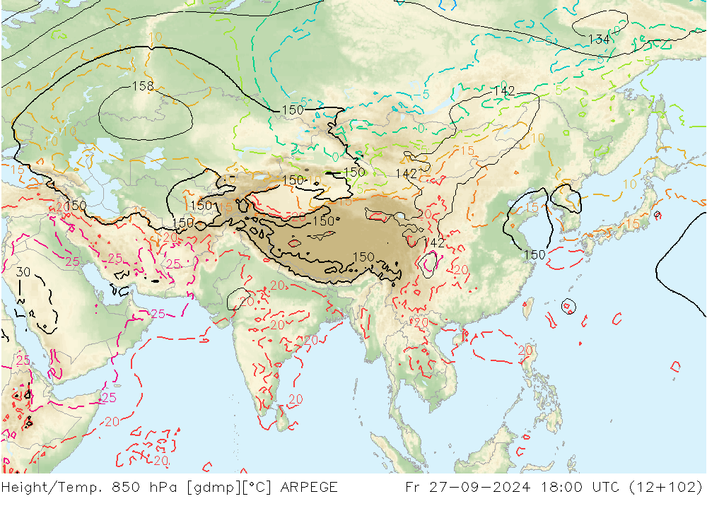 Hoogte/Temp. 850 hPa ARPEGE vr 27.09.2024 18 UTC