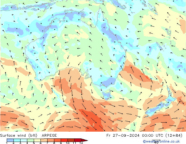 Wind 10 m (bft) ARPEGE vr 27.09.2024 00 UTC