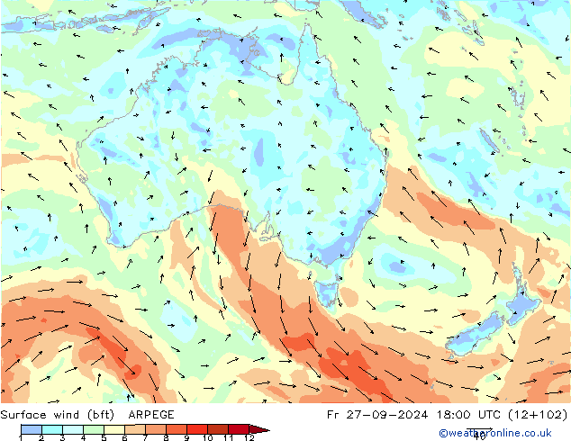 Surface wind (bft) ARPEGE Pá 27.09.2024 18 UTC