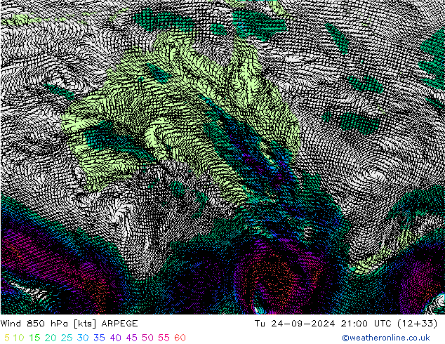 Rüzgar 850 hPa ARPEGE Sa 24.09.2024 21 UTC