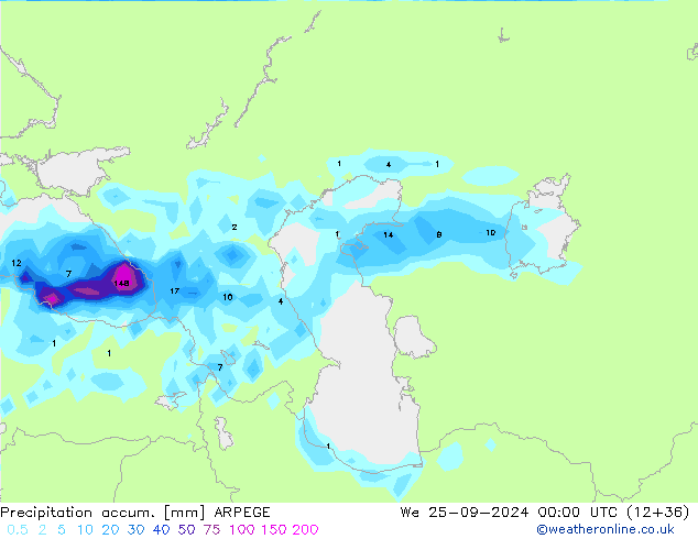 Precipitación acum. ARPEGE mié 25.09.2024 00 UTC