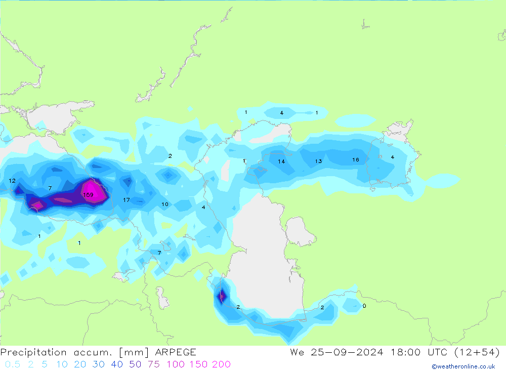 Précipitation accum. ARPEGE mer 25.09.2024 18 UTC