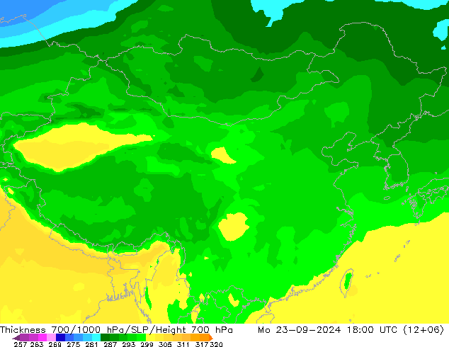 Thck 700-1000 гПа ARPEGE пн 23.09.2024 18 UTC