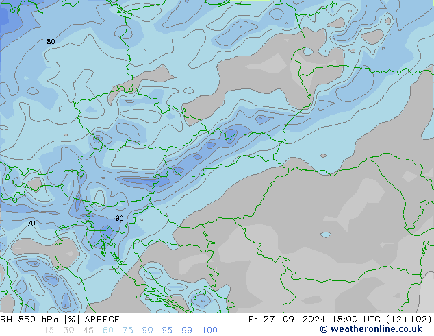 RH 850 hPa ARPEGE Fr 27.09.2024 18 UTC